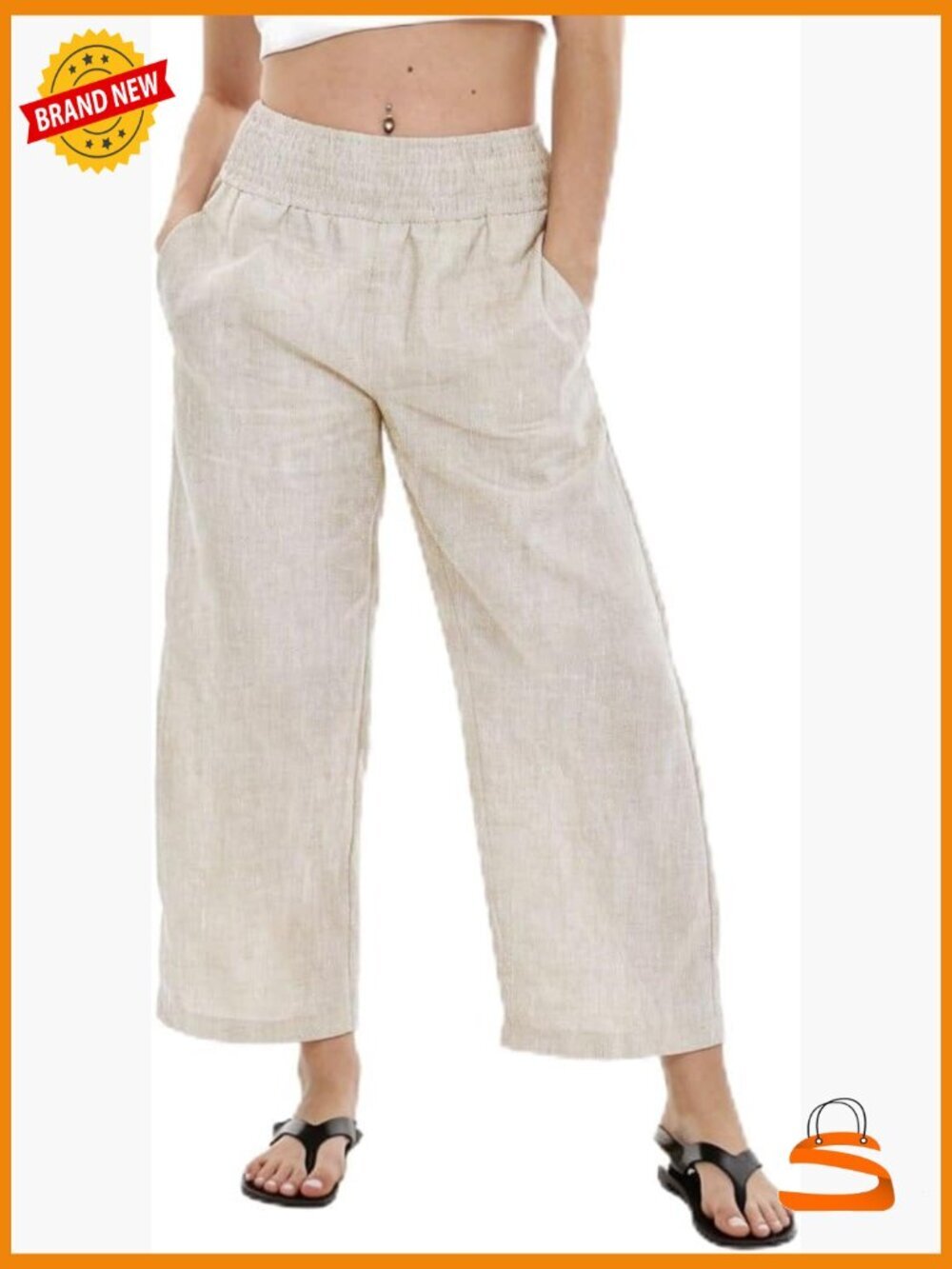 High-Waisted Linen Wide-Leg Pants with Pockets Casual Boho Trousers
